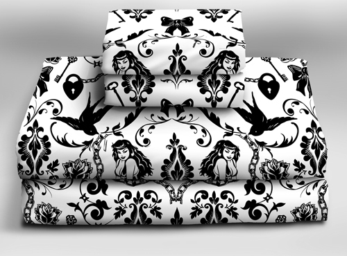 Raven's Dream Sheet Sets  - Sin In Linen :  sheet sets pinup art victorian damask cotton bedding